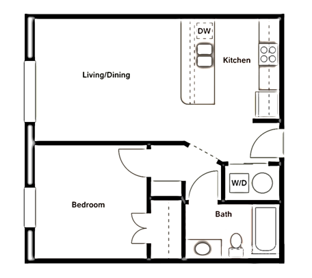 Floor plan for 1 bed, 1 bath, 641 sqft